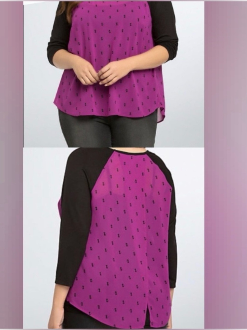 torrid Kitty Print Purple Blouse with Black Raglan Sleeves Large/12